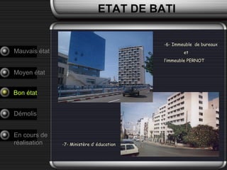Moyen état
Mauvais état
Démolis
En cours de
réalisation
Bon état
ETAT DE BATI
-6- Immeuble de bureaux
et
l’immeuble PERNOT
-7- Ministère d’ éducation
 