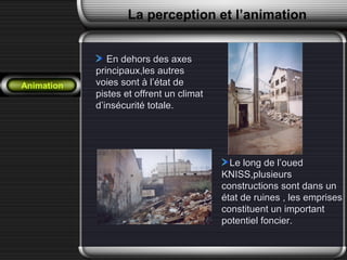 En dehors des axesEn dehors des axes
principaux,les autresprincipaux,les autres
voies sont à l’état devoies sont à l’état de
pistes et offrent un climatpistes et offrent un climat
d’insécurité totale.d’insécurité totale.
Le long de l’ouedLe long de l’oued
KNISS,plusieursKNISS,plusieurs
constructions sont dans unconstructions sont dans un
état de ruines , les emprisesétat de ruines , les emprises
constituent un importantconstituent un important
potentiel foncier.potentiel foncier.
La perception et l’animation
Animation
 