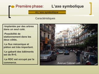 4-L’axe symbolique
Première phase:
Caractéristiques
-Implantée par des arbres
dans un seul coté.
-Possibilité de
stationnement dans les
deux côtés.
-Le flux mécanique et
piéton est très important.
-Le gabarit des bâtiments
est de R+5.
-Le RDC est occupé par le
commerce.
L’axe symbolique
Avenue Colonel Lotfi
 