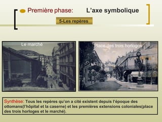 Première phase:
5-Les repères
Le marché Place des trois horloges
Synthèse: Tous les repères qu’on a cité existent depuis l’époque des
ottomans(l’hôpital et la caserne) et les premières extensions coloniales(place
des trois horloges et le marché).
L’axe symbolique
 