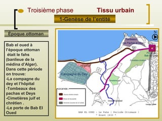 1-Genèse de l’entité
Époque ottoman
Troisième phase Tissu urbain
Bab el oued à
l’époque ottoman
était le fahs
(banlieue de la
médina d’Alger).
Dans cette période
on trouve:
-La compagne du
dey et l’hôpital
-Tombeaux des
pachas et Deys
-Cimetières juif et
chrétien .
-Le porte de Bab El
Oued
 