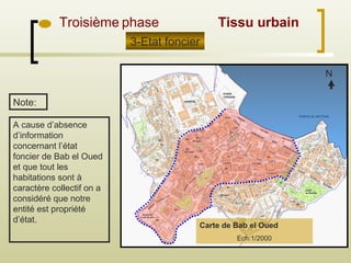 Troisième phase
3-Etat foncier
N
Carte de Bab el Oued
Ech:1/2000
A cause d’absence
d’information
concernant l’état
foncier de Bab el Oued
et que tout les
habitations sont à
caractère collectif on a
considéré que notre
entité est propriété
d’état.
Note:
Tissu urbain
 