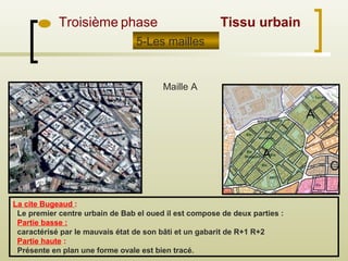 Troisième phase
La cite Bugeaud :
Le premier centre urbain de Bab el oued il est compose de deux parties :
Partie basse :
caractérisé par le mauvais état de son bâti et un gabarit de R+1 R+2
Partie haute :
Présente en plan une forme ovale est bien tracé.
Maille A
5-Les mailles
Tissu urbain
 