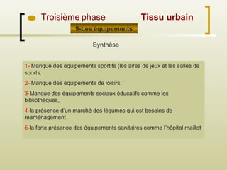 Troisième phase
9-Les équipements
Synthèse
1- Manque des équipements sportifs (les aires de jeux et les salles de
sports.
2- Manque des équipements de loisirs.
3-Manque des équipements sociaux éducatifs comme les
bibliothèques,
4-la présence d’un marché des légumes qui est besoins de
réaménagement
5-la forte présence des équipements sanitaires comme l’hôpital maillot
Tissu urbain
 