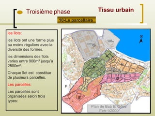 Troisième phase
10-Le parcellaire
1
2
Tissu urbain
les îlots:
les îlots ont une forme plus
au moins réguliers avec la
diversité des formes.
les dimensions des îlots
varies entre 900m² jusqu’à
2500m².
Chaque îlot est constitue
de plusieurs parcelles.
Les parcelles:
Les parcelles sont
organisées selon trois
types:
 