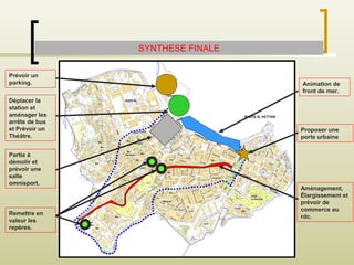 SYNTHESE FINALE
Prévoir un
parking.
Aménagement,
Élargissement et
prévoir de
commerce au
rdc.
Déplacer la
station et
aménager les
arrêts de bus
et Prévoir un
Théâtre.
Animation de
front de mer.
Partie à
démolir et
prévoir une
salle
omnisport.
Proposer une
porte urbaine
Remettre en
valeur les
repères.
 