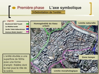 Première phase
3-Delimitation de l’entité:
Zone tempo
Limite morphologique
Limite naturelleHomogénéité du tissu
urbain
L’entité étudiée a une
superficie de 50Ha
avec une forme
d’amphi théâtre dont
la mer joue le rôle de
la scène.
Avenue Ahsèn Assekri
Boulevard Saïd Touati
La Méditerranée
Jardin Taleb Adberahman
Légende
L’axe symbolique
 