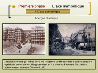 4-L’axe symbolique
Première phase
L’ancien chemin qui mène vers les hauteurs de Bouzaréah a connu pendant
la période coloniale un élargissement et il a devenu l’avenue Bouzaréah
(actuellement Avenue Colonel Lotfi).
Aperçue Historique
L’axe symbolique
 