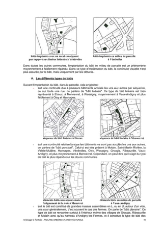 bâtis implantés avec un recul conséquent bâtis implantés en milieu de parcelle 
par rapport aux limites latérales à Vénérolles à Vénérolles 
Dans toutes les autres communes, l'implantation du bâti en milieu de parcelle est un phénomène 
moyennement à faiblement répandu. Dans ce type d'implantation du bâti, la continuité visuelle n'est 
plus assurée par le bâti, mais uniquement par les clôtures. 
A. Les différents types de bâtis 
Suivant l'implantation du bâti, dans la parcelle, cela engendre: 
- soit une continuité due à plusieurs bâtiments accolés les uns aux autres par séquence, 
ou sur toute une rue, on parlera de "bâti linéaire". Ce type de bâti linéaire est bien 
représenté à Etreux, à Mennevret, à Wassigny, moyennement à Vaux-Andigny et plus 
faiblement à Oisy et Hannapes. 
séquence de bâti linéaire à Etreux séquence de bâti linéaire à Mennevret 
- soit une continuité relative lorsque les bâtiments ne sont pas accolés les uns aux autres, 
on parlera de "bâti ponctuel". Celui-ci est très présent à Molain, Saint-Martin Rivière, la 
Vallée-Mulâtre, Hannapes, Vénérolles, Oisy, Wassigny, Grougis, Ribeauville, Vaux- 
Andigny, et plus moyennement à Mennevret. Cependant, on peut dire qu'il s'agit du type 
de bâti le plus répandu sur les douze communes. 
éléments bâtis non accolés mais à éléments bâtis en milieu de parcelle 
l'alignement de la voie à Menevret à Vaux-Andigny 
- soit le bâti est constitué de grandes masses assemblées en L, ou en U, autour d'un vide, 
une cour généralement, c'est souvent le cas des fermes. On parle de "bâti planaire". Ce 
type de bâti se rencontre surtout à l'intérieur même des villages de Grougis, Ribeauville 
et Molain ainsi qu'au hameau d'Andigny-les-Fermes, et il constitue le type de bâti des 
Aménager le Territoire ANALYSE URBAINE ET ARCHITECTURALE 15 
 