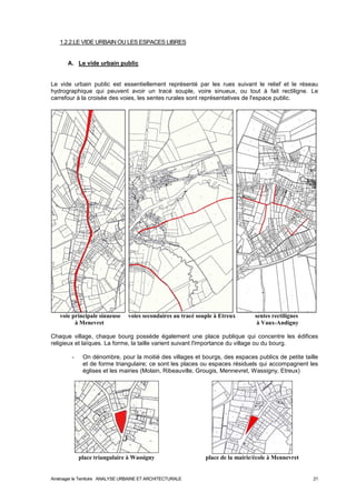 1.2.2.LE VIDE URBAIN OU LES ESPACES LIBRES 
A. Le vide urbain public 
Le vide urbain public est essentiellement représenté par les rues suivant le relief et le réseau 
hydrographique qui peuvent avoir un tracé souple, voire sinueux, ou tout à fait rectiligne. Le 
carrefour à la croisée des voies, les sentes rurales sont représentatives de l'espace public. 
voie principale sinueuse voies secondaires au tracé souple à Etreux sentes rectilignes 
à Menevret à Vaux-Andigny 
Chaque village, chaque bourg possède également une place publique qui concentre les édifices 
religieux et laïques. La forme, la taille varient suivant l'importance du village ou du bourg. 
- On dénombre, pour la moitié des villages et bourgs, des espaces publics de petite taille 
et de forme triangulaire; ce sont les places ou espaces résiduels qui accompagnent les 
églises et les mairies (Molain, Ribeauville, Grougis, Mennevret, Wassigny, Etreux) 
place triangulaire à Wassigny place de la mairie/école à Mennevret 
Aménager le Territoire ANALYSE URBAINE ET ARCHITECTURALE 21 
 