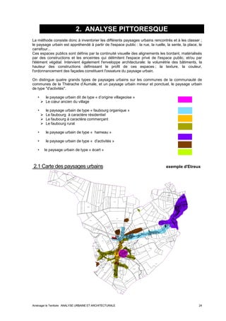 2. ANALYSE PITTORESQUE 
La méthode consiste donc à inventorier les différents paysages urbains rencontrés et à les classer ; 
le paysage urbain est appréhendé à partir de l'espace public : la rue, la ruelle, la sente, la place, le 
carrefour... 
Ces espaces publics sont définis par la continuité visuelle des alignements les bordant, matérialisés 
par des constructions et les enceintes qui délimitent l'espace privé de l'espace public, et/ou par 
l'élément végétal. Intervient également l'enveloppe architecturale: la volumétrie des bâtiments, la 
hauteur des constructions définissant le profil de ces espaces ; la texture, la couleur, 
l'ordonnancement des façades constituent l'ossature du paysage urbain. 
On distingue quatre grands types de paysages urbains sur les communes de la communauté de 
communes de la Thiérache d’Aumale, et un paysage urbain mineur et ponctuel, le paysage urbain 
de type "d'activités". 
• le paysage urbain dit de type « d’origine villageoise » 
 Le coeur ancien du village 
• le paysage urbain de type « faubourg organique » 
 Le faubourg à caractère résidentiel 
 Le faubourg à caractère commerçant 
 Le faubourg rural 
• le paysage urbain de type « hameau » 
• le paysage urbain de type « d'activités » 
• le paysage urbain de type « écart » 
2.1 Carte des paysages urbains exemple d'Etreux 
Aménager le Territoire ANALYSE URBAINE ET ARCHITECTURALE 24 
 