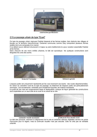 construction pavillonnaire 
2.5 Le paysage urbain de type Ecart 
Ce type de paysage urbain regroupe l’habitat dispersé et les fermes isolées, bien distincts des villages et 
bourgs sur le territoire intercommunal. Certaines communes comme Oisy comportent plusieurs fermes 
isolées dont une composée d’un manoir. 
Il ne détient aucun élément structurant ni majeur au sens traditionnel et a pour vocation essentielle l’habitat 
et les fermes. 
Dans chacune de ces micro entités urbaines, le bâti est sporadique : les quelques constructions sont 
éloignées les unes des autres. 
ferme de l'Arrouaise 
bâtiment agricole 
L’espace public est uniquement représenté par les rues traversant ces écarts : des routes départementales. 
En raison du caractère rural de ce type de paysage, le traitement de l’espace public est particulièrement 
sommaire ; Les accotements enherbés sont simplement fauchés, les trottoirs inexistants. 
Le profil de ces rues est moyennement large et déséquilibré, puisque de façon générale les constructions 
sont implantées sur un seul côté de la route et en retrait de la voie. 
continuité visuelle inexistante 
profil étroit d'un chemin rural 
Le bâti très ponctuel, rarement à l’alignement de la voie et certaines clôtures végétales servent de points 
d’accroche pour le regard, mais la continuité visuelle n’est pas assurée. Cela ne crée pas de véritable 
urbanité. 
Aménager le Territoire ANALYSE URBAINE ET ARCHITECTURALE 47 
 