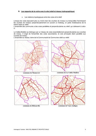 B. Les rapports de la voirie avec le site (relief et réseau hydrographique) 
· Les relations topologiques entre les voies et le relief 
Lorsque les voies épousent plus ou moins bien les courbes de niveaux ou lorsqu'elles franchissent 
les courbes de niveaux perpendiculairement en suivant un thalweg, on parle d'obéissance de la 
trame viaire au relief. 
L'ensemble des communes a des voies parallèles et perpendiculaires au relief, qui obéissent à celui-ci. 
La Vallée-Mulâtre se distingue par un réseau de voies essentiellement perpendiculaires aux courbes 
de niveau. Il s'agit de l'ensemble des voies secondaires, la voie principale étant parallèle aux 
courbes de niveau. 
L'ensemble du réseau viaire de la Communauté de Communes obéit au relief. 
commune de Mennevret 
commune de La Vallée-Mulâtre 
commune de Ribeauville 
commune de Vaux-Andigny 
Aménager le Territoire ANALYSE URBAINE ET ARCHITECTURALE 9 
 