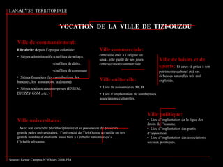 VOCATION DE LA VILLE DE TIZI-OUZOUVOCATION DE LA VILLE DE TIZI-OUZOU
Ville de commandement:
Elle abrite depuis l’époque coloniale:
• Sièges administratifs:-chef lieu de wilaya.
-chef lieu de daïra.
-chef lieu de commune
• Sièges financiers (les contributions, les
banques, les assurances, la douane).
• Sièges sociaux des entreprises (ENIEM,
DJEZZY GSM ,etc..)
Ville culturelle:
• Lieu de naissance du MCB.
• Lieu d’implantation de nombreuses
associations culturelles.
Ville politique:
• Lieu d’implantation de la ligue des
droits de l’homme.
• Lieu d’implantation des partis
d’opposition.
• Lieu d’implantation des associations
sociaux politiques.
Ville commerciale:
cette ville était à l’origine un
souk , elle garde de nos jours
cette vocation commerciale.
Ville de loisirs et de
sports: Et ceux-là grâce à son
patrimoine culturel et à ses
richesses naturelles très mal
exploités.
Ville universitaire:
Avec son caractère pluridisciplinaire et sa possession de plusieurs
grands pôles universitaires, l’université de Tizi-Ouzou accueille un très
grands nombre d’étudiants aussi bien à l’échelle nationale qu’à
l’échelle africaine.
Source: Revue Campus N°9 Mars 2008,P34
I.ANALYSE TERRITORIALE
 