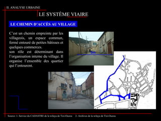 LE CHEMIN D’ACCÈS AU VILLAGE
C’est un chemin empreinte par les
villageois, un espace commun,
fermé entouré de petites bâtisses et
quelques commerces.
son rôle est déterminant dans
l’organisation interne du village. Il
organise l’ensemble des quartier
qui l’entourent.
Source: 1- Service du CADASTRE de la wilaya de Tizi-Ouzou 2- Archives de la wilaya de Tizi-Ouzou
LE SYSTÈME VIAIRE
5m
II. ANALYSE URBAINE
 