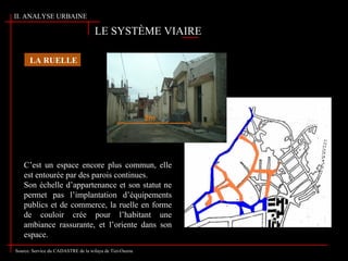 LA RUELLE
C’est un espace encore plus commun, elle
est entourée par des parois continues.
Son échelle d’appartenance et son statut ne
permet pas l’implantation d’équipements
publics et de commerce, la ruelle en forme
de couloir crée pour l’habitant une
ambiance rassurante, et l’oriente dans son
espace.
LE SYSTÈME VIAIRE
2m
Source: Service du CADASTRE de la wilaya de Tizi-Ouzou
II. ANALYSE URBAINE
 