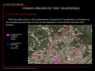 Source: Service du CADASTRE de la wilaya de Tizi-Ouzou
Parler des places dans la ville traditionnelle c’est parler de l’exceptionnel, car la place est
une exception qui joue dans le tissus un rôle important, c’est un lieu de rencontre et de
contacte.
II LES ESPACES PUBLICS
II. ANALYSE URBAINE
FORMES URBAINES DU TISSU TRADITIONNELFORMES URBAINES DU TISSU TRADITIONNEL
LA PLACE DE LA
MOSQUÉE
« LALLA
SAIDA »
LA PLACE DE LA
FONTAINE
« AIN
SOLTANE »
 