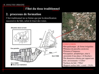 CONCLUSION
•Ilot quelconque ,de forme irrégulière
•Présence de parcelles enclavées
•Présence d’impasses
•Occupation périphérique ,situé à
proximité d’une place « El Kechai »
•De dimension réduites par rapport aux
ilots environnants =1320m²
•Surfaces du bâti =790m²
•Rapport surface bâti / s.total = 59,8%
CONCLUSION
•Ilot quelconque ,de forme irrégulière
•Présence de parcelles enclavées
•Présence d’impasses
•Occupation périphérique ,situé à
proximité d’une place « El Kechai »
•De dimension réduites par rapport aux
ilots environnants =1320m²
•Surfaces du bâti =790m²
•Rapport surface bâti / s.total = 59,8%
II. ANALYSE URBAINE
l’ilot du tissu traditionnel
2. processus de formation
l’ilot traditionnel ne se forme que par la densification
successive du bâti, selon le tracé des voies.
 
