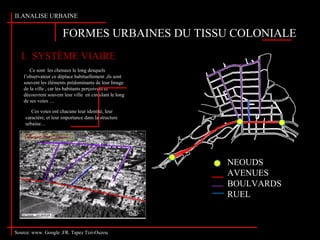 FORMES URBAINES DU TISSU COLONIALE
II.ANALISE URBAINE
Ce sont les chenaux le long desquels
l’observateur ce déplace habituellement ,ils sont
souvent les éléments prédominants de leur Image
de la ville , car les habitants perçoivent et
découvrent souvent leur ville en circulant le long
de ses voies …
I. SYSTÈME VIAIRE
Ces voies ont chacune leur identité, leur
caractère, et leur importance dans la structure
urbaine…
Source: www. Google .FR. Tapez Tizi-Ouzou
NEOUDS
AVENUES
BOULVARDS
RUEL
 