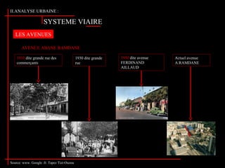 SYSTEME VIAIRE
II.ANALYSE URBAINE :
Source: www. Google .fr. Tapez Tizi-Ouzou
AVENUE ABANE RAMDANE
Source: www. Google .fr. Tapez Tizi-Ouzou
LES AVENUES
1910 dite grande rue des
commerçants
1930 dite grande
rue
1950 dite avenue
FERDINAND
AILLAUD
Actuel avenue
A.RAMDANE
 