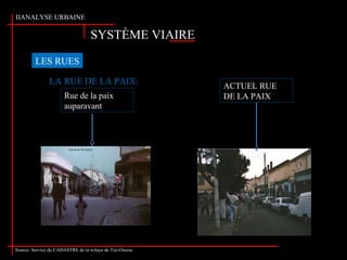 SYSTÈME VIAIRE
IIANALYSE URBAINE
LES RUES
LA RUE DE LA PAIX: ACTUEL RUE
DE LA PAIX
Source: www. Google .fr. Tapez Tizi-Ouzou
Rue de la paix
auparavant
Source: Service du CADASTRE de la wilaya de Tizi-Ouzou
 