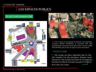 LES ESPACES PUBLICS
II.ANALYSE URBAINE
PLACE SAID BABOUCHE
• C’est un point de convergence de plusieurs axes importants
(l’avenue ABANE RAMDANE, le boulevard Med Saïd
OUZEFFOUN, boulevard colonel MELLAH et l’avenue LARBI
BEN M’HIDI), elle est donc un espace de choix directionnel.
Source: www. Google .fr. Tapez Tizi-Ouzou
POINT FORT
• Elle occupe une place importante dans la ville,
elle constitue l’un des principaux éléments ayant
structuré la ville en étant une borne de croissance et
devenant un pôle de croissance qui géra l’extension
de la ville vers l’ouest.
 