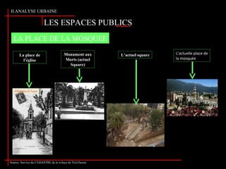 LES ESPACES PUBLICS
II.ANALYSE URBAINE
Source: www. Google .fr. Tapez Tizi-Ouzou
Monument aux
Morts (actuel
Square)
LA PLACE DE LA MOSQUEE
La place de
l’église
L’actuel square L’actuelle place de
la mosquée
Source: Service du CADASTRE de la wilaya de Tizi-Ouzou
 