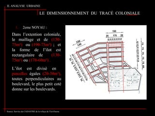 II. ANALYSE URBAINE
Dans l’extention coloniale,
le maillage et de (150-
75m²) ou (190-75m²) ; et
la forme de l’ilot est
rectangulaire de (130-
75m²) ou (170-60m²) .
LE DIMENSIONNEMENT DU TRACÉ COLONIALE
1. 2eme NOYAU :
L’ilot est divisé en
parcelles égales (20-30m²),
toutes perpendiculaires au
boulevard, le plus petit coté
donne sur les boulevards.
Source: Service du CADASTRE de la wilaya de Tizi-Ouzou
 