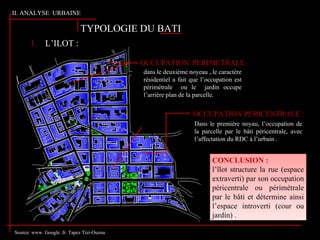 II. ANALYSE URBAINE
TYPOLOGIE DU BATI
Source: www. Google .fr. Tapez Tizi-Ouzou
CONCLUSION :
l’îlot structure la rue (espace
extraverti) par son occupation
péricentrale ou périmétrale
par le bâti et détermine ainsi
l’espace introverti (cour ou
jardin) .
CONCLUSION :
l’îlot structure la rue (espace
extraverti) par son occupation
péricentrale ou périmétrale
par le bâti et détermine ainsi
l’espace introverti (cour ou
jardin) .
OCCUPATION PERICENTRALE :
OCCUPATION PERIMETRALE :
Dans le première noyau, l’occupation de
la parcelle par le bâti péricentrale, avec
l’affectation du RDC à l’urbain .
dans le deuxième noyeau , le caractère
résidentiel a fait que l’occupation est
périmétrale ou le jardin occupe
l’arrière plan de la parcelle.
1. L’ILOT :
 