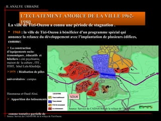 L’ECLATEMENT AMORCE DE LA VILLE 1962-L’ECLATEMENT AMORCE DE LA VILLE 1962-
19801980
II. ANALYE URBAINE
Source: Service du CADASTRE de la wilaya de Tizi-Ouzou
 La construction
d’équipements socio-
économiques , éducatifs et
hôteliers : cité psychiatrie,
maison de la culture , ITE ,
ITHT, hôtel Lala Khedidja.
1975 : Réalisation de pôles
universitaires : campus
Hassnaoua et Oued Aïssi.
 Apparition des lotissements
comme tentative partielle de
La ville de Tizi-Ouzou a connu une période de stagnation .
 1968 : la ville de Tizi-Ouzou à bénéficier d’un programme spécial qui
annonce la relance du développement avec l’implantation de plusieurs édifices,
comme:
Source: Service du CADASTRE de la wilaya de Tizi-Ouzou
SOUKSOUK
 
