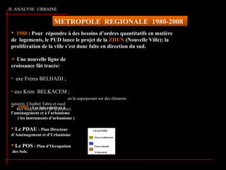 METROPOLE REGIONALE 1980-2008
II. ANALYSE URBAINE
 1980 : Pour répondre à des besoins d’ordres quantitatifs en matière
de logements, le PUD lance le projet de la ZHUN (Nouvelle Ville); la
prolifération de la ville s’est donc faîte en direction du sud.
 Une nouvelle ligne de
croissance fût tracée:
• axe Frères BELHADJ ;
• axe Krim BELKACEM ;
en la superposant sur des éléments
naturels: Chaâbet Tahra et oued
Kef Nedj (le ravin de la prairie). 1990 : Les lois relatives à
l’aménagement et à l’urbanisme
( les instruments d’urbanisme )
 Le PDAU : Plan Directeur
d’Aménagement et d’Urbanisme
 Le POS : Plan d’Occupation
des Sols.
Source: Ex ECOTEC de la Wilaya de Tizi-Ouzou
LEGENDE:
Tissu traditionnel
Tissu colonial
Eclatement
 