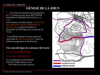 II. ANALYSE URBAINE
 Vu la mauvaise répartition des équipements,
le PUD à lancé le projet de la ZHUN (ZONE
D’HABITAT URBAINE NOUVELLE) en
1980.
Elle constitue sur le plan spatial, l’extension du
tissu ancien de la ville de TIZIOUZOU en
direction du sud; devant accueillir un
programme de 5000 logts pour une période de
10 ans.
Cette ZHUN présente l’une des opérations
sous forme de zones fonctionnelles issues des
différents programmes de planification.
en la superposant sur des éléments
naturels: Chaâbet Tahar et oued
Kef Nedj (le ravin de la prairie).
 axe Frères BELHADJ
GENESE DE LA ZHUN
 axe Krim BELKACEM
Une nouvelle ligne de croissance fut tracée:
SOURCE :MEMOIRE DE MAGISTERE (ZENBOUDJI)
 