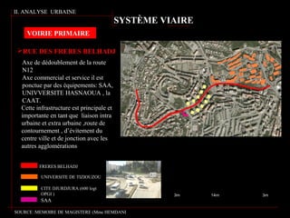 RUE DES FRERES BELHADJ
Axe de dédoublement de la route
N12
Axe commercial et service il est
ponctue par des équipements: SAA,
UNIVVERSITE HASNAOUA , la
CAAT.
Cette infrastructure est principale et
importante en tant que liaison intra
urbaine et extra urbaine ,route de
contournement , d’évitement du
centre ville et de jonction avec les
autres agglomérations
3m 14m 3m
FRERES BELHADJ
UNIVERSITE DE TIZIOUZOU
CITE DJURDJURA (600 logt
OPGI )
SAA
SYSTÈME VIAIRE
II. ANALYSE URBAINE
VOIRIE PRIMAIRE
SOURCE :MEMOIRE DE MAGISTERE (Mme HEMDANI
 