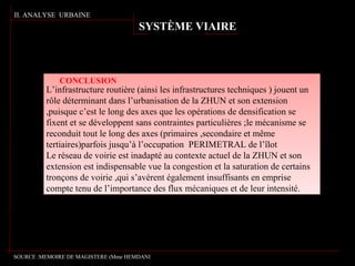 L’infrastructure routière (ainsi les infrastructures techniques ) jouent un
rôle déterminant dans l’urbanisation de la ZHUN et son extension
,puisque c’est le long des axes que les opérations de densification se
fixent et se développent sans contraintes particulières ;le mécanisme se
reconduit tout le long des axes (primaires ,secondaire et même
tertiaires)parfois jusqu’à l’occupation PERIMETRAL de l’îlot
Le réseau de voirie est inadapté au contexte actuel de la ZHUN et son
extension est indispensable vue la congestion et la saturation de certains
tronçons de voirie ,qui s’avèrent également insuffisants en emprise
compte tenu de l’importance des flux mécaniques et de leur intensité.
L’infrastructure routière (ainsi les infrastructures techniques ) jouent un
rôle déterminant dans l’urbanisation de la ZHUN et son extension
,puisque c’est le long des axes que les opérations de densification se
fixent et se développent sans contraintes particulières ;le mécanisme se
reconduit tout le long des axes (primaires ,secondaire et même
tertiaires)parfois jusqu’à l’occupation PERIMETRAL de l’îlot
Le réseau de voirie est inadapté au contexte actuel de la ZHUN et son
extension est indispensable vue la congestion et la saturation de certains
tronçons de voirie ,qui s’avèrent également insuffisants en emprise
compte tenu de l’importance des flux mécaniques et de leur intensité.
II. ANALYSE URBAINE
SYSTÈME VIAIRE
CONCLUSION
SOURCE :MEMOIRE DE MAGISTERE (Mme HEMDANI
 