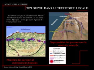 I.ANALYSE TERRITORIALE
TIZI OUZOU DANS LE TERRITOIRE LOCALE
Superposition des parcours sur la
structure naturelle
Structure des parcours et
établissements humains
LEGENDE
:
Le territoire local pris en considération est délimité
naturellement au nord par le littoral , au sud par les
monts Djurdjura , à l’est par oued Agrioun et à
l’ouest par oued Isser.
Source: Microsoft Atlas Mondial Encarta 2008
 