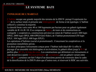 II. ANALYSE URBAINE
TYPOLOGIE DE L’HABITAT:
L’habitat occupe une grande majorité des terrains de la ZHUN puisqu’il représente les
2/3 de la surface totale et présente une hétérogénéité de forme et de typologie. L’habitat
collectif y constitue la majorité.
La densité brute varie entre 40 et 140 logements par hectare pour un gabarit également
variable de R+4 à R+10. Il se compose de barres, de tours et de constructions en
contiguïté ( coopératives, constructions privées) un statut de l’habitat social ( 600 logts
OPGI, 2000 logts OPGI, 600-OPGI-Géni-Sider), de l’habitat promotionnel (50 logts
EPLF, 104 logts EPLF, 600 logts EPLF).
Les opérations d’habitats (social et promotionnel) . Concernant les coopératives et la
promotion immobilière privée.
Les deux principaux lotissements conçus pour l’habitat individuel (R+1) offre le
paysage d’un ensemble très hétérogène et en évolution; le gabarit allant jusqu’à R+3 et
parfois plus (R+4) , le long des axes. Les constructions qui délimitent ces lotissements et
sont desservies à partir des axes primaires et secondaires, ont un gabarit variant entre
R+4 et R+5, certaines ont fait l’objet d’un deuxième permis de construire dans le cadre
de la densification de la ZHUN alors que d’autres non, et réservent le RDC aux activités.
LE SYSTEME BATI
SOURCE :MEMOIRE DE MAGISTERE (Mme HEMDANI
 
