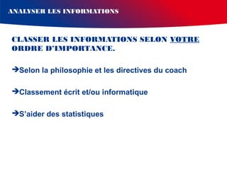 ANALYSER LES INFORMATIONS

CLASSER LES INFORMATIONS SELON VOTRE
ORDRE D’IMPORTANCE.
Selon la philosophie et les directives du coach
Classement écrit et/ou informatique
S’aider des statistiques

 