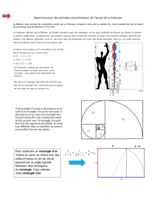 11
Reconnaissance des principes caractéristiques de l’œuvre de le Corbusier
Le Modulor, autre principe de composition inventé par Le Corbusier, s’inspire en tout point du nombre d’or, cher à Léonard de Vinci et inspiré
de la fameuse série de Fibonacci (1175-1240)
Le Corbusier affirmait que le Modulor (à l’échelle humaine) avait des avantages sur les deux systèmes de mesure qui divisent la planète :
le système anglo-saxon du pied-pouce, peu pratique mais qui tient compte des mesures du corps, et le système métrique, décimal donc
pratique, trop abstrait cependant, privé de lien direct avec les dimensions du corps. Elle devait permettre, selon lui, un confort maximal
dans les relations entre l’homme et son espace vital.
L’examen de ce dessin, qu’il a lui-même coté, montre :
Soit le nombre d’or (à un millième près)
Le Corbusier a indiqué les dimensions de
l’homme debout accoudé, puis assis, assis
accoudé… et le rapport des dimensions est
toujours
Tout rectangle d'orpeut se décomposeren un
carré et un rectangle d'orqui lui aussi peut se
décomposeren un carré et un rectangle d'or.
On peut renouveler cette construction autant
de fois qu'onle veut. Un rectangle d'orpeut
donc être décomposéen une infinité de carrés
tous différents Dans ce tourbillon de carrés il
est possible d'inscrire une spirale.
De même, le rectangle des pieds de l’homme à sa
tête est un rectangle d’or, c’est-à-dire que le rapport
de ces cotés est égal au nombre d’or.
Pour construire un rectangle d’or :
Tracez un carré, du centre d’un des
cotés et tracez un arc de cercle
passant par un angle opposé.
Déduisez ainsi la longueur
du rectangle. Vous obtenez
votre rectangle d’or.
 