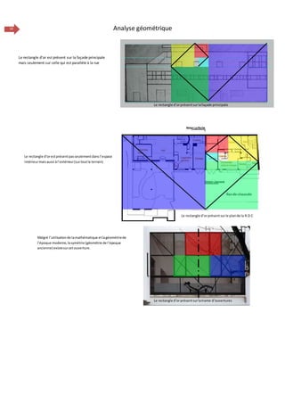 14 Analyse géométrique
Le rectangle d’orprésentsurle plande la R.D.C
Le rectangle d’orprésentsurlatrame d’ouvertures
Le rectangle d’orprésentsurlafaçade principale
Le rectangle d’or est présent sur la façade principale
mais seulement sur celle qui est parallèle à la rue
Le rectangle d’orestprésentpasseulementdansl’espace
intérieurmais aussi àl’extérieur(surtoutle terrain)
Malgré l’utilisationde lamathématique etlagéométriede
l’époque moderne,lasymétrie (géométrie de l’époque
ancienne) existesurcetouverture.
 