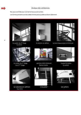 19 Analyse des ambiances
64
Le couloir du 1ér
étage le volume en adition la chaise longue propreà le Corbusier
Vue R.D.C
Le volume en adition L’escalier Les piliers
Vue R.D.C
Le couloir du 1ér
étage peinture de le Corbusier Fauteuil le Corbu
Vue 2éme
étage Nature morte le confort
Nos yeux sont faits pour voir les formes sous la lumière.
Les formes primaires sont les belles formes parce qu'elles se lisent clairement.
 