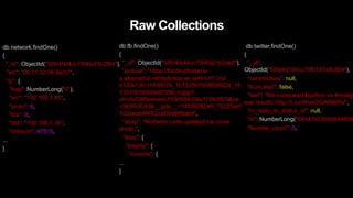 Raw Collections
db.network.findOne()
{
"_id": ObjectId("55fc4faf4cc75f4fa21b2f64"),
"src": "00:11:32:34:9a:b7",
"ip": {
"frag": NumberLong("0"),
"src": "192.168.1.45",
"proto": 6,
"tos": 0,
"dst": "192.168.1.39",
"chksum": 47515,
...
}
db.fb.findOne()
{
"_id": ObjectId("55fc4fa44cc75f4fa21b2de0"),
"picture": "https://fbcdn-photos-b-
a.akamaihd.net/hphotos-ak-xpf1/v/t1.0-0/
s130x130/11938079_10153567958826624_15
15311618300487358_n.jpg?
oh=0a59f8eebaea7536939c04e178fe8f29&oe
=56A52C83&__gda__=1453828245_72225acf
102eeeb4f4f02cb09d668ab9",
"story": "Norberto Leite updated his cover
photo.",
"likes": {
"paging": {
"cursors": {
...
}
db.twitter.findOne()
{
"_id":
ObjectId("55fe4d194cc75f0157a8c8b4"),
"contributors": null,
"truncated": false,
"text": "We compared #python vs #nodejs
see results: http://t.co/WVeOGWMR5V",
"in_reply_to_status_id": null,
"id": NumberLong("64547933684644659
"favorite_count": 0,
 