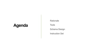 Agenda
Rationale
Tools
Schema Design
Instruction Set
 