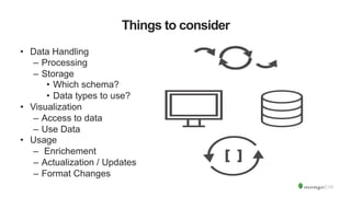 Things to consider
•  Data Handling
–  Processing
–  Storage
•  Which schema?
•  Data types to use?
•  Visualization
–  Access to data
–  Use Data
•  Usage
–  Enrichement
–  Actualization / Updates
–  Format Changes
 