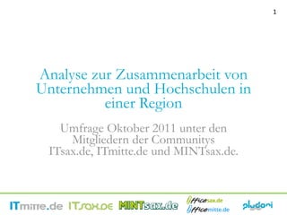 1




Analyse zur Zusammenarbeit von
Unternehmen und Hochschulen in
          einer Region
   Umfrage Oktober 2011 unter den
     Mitgliedern der Communitys
 ITsax.de, ITmitte de
 ITsax de ITmitte.de und MINTsax.de.
                         MINTsax de
 