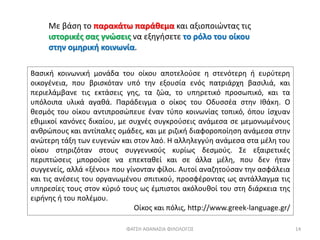Με βάση το παρακάτω παράθεμα και αξιοποιώντας τις
ιστορικές σας γνώσεις να εξηγήσετε το ρόλο του οίκου
στην ομηρική κοινωνία.
Βασική κοινωνική μονάδα του οίκου αποτελούσε η στενότερη ή ευρύτερη
οικογένεια, που βρισκόταν υπό την εξουσία ενός πατριάρχη βασιλιά, και
περιελάμβανε τις εκτάσεις γης, τα ζώα, το υπηρετικό προσωπικό, και τα
υπόλοιπα υλικά αγαθά. Παράδειγμα ο οίκος του Οδυσσέα στην Ιθάκη. Ο
θεσμός του οίκου αντιπροσώπευε έναν τύπο κοινωνίας τοπικό, όπου ίσχυαν
εθιμικοί κανόνες δικαίου, με συχνές συγκρούσεις ανάμεσα σε μεμονωμένους
ανθρώπους και αντίπαλες ομάδες, και με ριζική διαφοροποίηση ανάμεσα στην
ανώτερη τάξη των ευγενών και στον λαό. Η αλληλεγγύη ανάμεσα στα μέλη του
οίκου στηριζόταν στους συγγενικούς κυρίως δεσμούς. Σε εξαιρετικές
περιπτώσεις μπορούσε να επεκταθεί και σε άλλα μέλη, που δεν ήταν
συγγενείς, αλλά «ξένοι» που γίνονταν φίλοι. Αυτοί αναζητούσαν την ασφάλεια
και τις ανέσεις του οργανωμένου σπιτικού, προσφέροντας ως αντάλλαγμα τις
υπηρεσίες τους στον κύριό τους ως έμπιστοι ακόλουθοί του στη διάρκεια της
ειρήνης ή του πολέμου.
Οίκος και πόλις, http://www.greek-language.gr/
ΦΑΤΣΗ ΑΘΑΝΑΣΙΑ ΦΙΛΟΛΟΓΟΣ 14
 