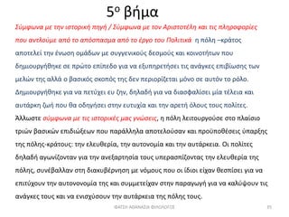 5ο βήμα
Σύμφωνα με την ιστορική πηγή / Σύμφωνα με τον Αριστοτέλη και τις πληροφορίες
που αντλούμε από το απόσπασμα από το έργο του Πολιτικά η πόλη –κράτος
αποτελεί την ένωση ομάδων με συγγενικούς δεσμούς και κοινοτήτων που
δημιουργήθηκε σε πρώτο επίπεδο για να εξυπηρετήσει τις ανάγκες επιβίωσης των
μελών της αλλά ο βασικός σκοπός της δεν περιορίζεται μόνο σε αυτόν το ρόλο.
Δημιουργήθηκε για να πετύχει ευ ζην, δηλαδή για να διασφαλίσει μία τέλεια και
αυτάρκη ζωή που θα οδηγήσει στην ευτυχία και την αρετή όλους τους πολίτες.
Άλλωστε σύμφωνα με τις ιστορικές μας γνώσεις, η πόλη λειτουργούσε στο πλαίσιο
τριών βασικών επιδιώξεων που παράλληλα αποτελούσαν και προϋποθέσεις ύπαρξης
της πόλης-κράτους: την ελευθερία, την αυτονομία και την αυτάρκεια. Οι πολίτες
δηλαδή αγωνίζονταν για την ανεξαρτησία τους υπερασπίζοντας την ελευθερία της
πόλης, συνέβαλλαν στη διακυβέρνηση με νόμους που οι ίδιοι είχαν θεσπίσει για να
επιτύχουν την αυτονονομία της και συμμετείχαν στην παραγωγή για να καλύψουν τις
ανάγκες τους και να ενισχύσουν την αυτάρκεια της πόλης τους.
ΦΑΤΣΗ ΑΘΑΝΑΣΙΑ ΦΙΛΟΛΟΓΟΣ 35
 