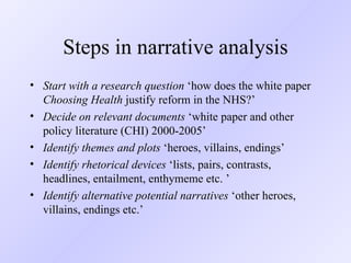Steps in narrative analysis Start with a research question  ‘how does the white paper  Choosing Health  justify reform in the NHS?’ Decide on relevant documents  ‘white paper and other policy literature (CHI) 2000-2005’ Identify themes and plots  ‘heroes, villains, endings’ Identify rhetorical devices  ‘lists, pairs, contrasts, headlines, entailment, enthymeme etc. ’ Identify alternative potential narratives  ‘other heroes, villains, endings etc.’ 