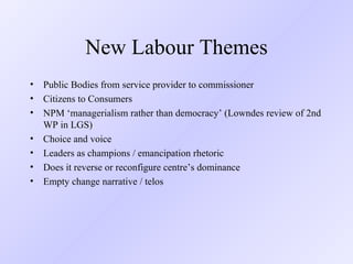 New Labour Themes Public Bodies from service provider to commissioner Citizens to Consumers NPM  ‘managerialism rather than democracy’ (Lowndes review of 2nd WP in LGS)  Choice and voice Leaders as champions / emancipation rhetoric Does it reverse or reconfigure centre’s dominance Empty change narrative / telos 