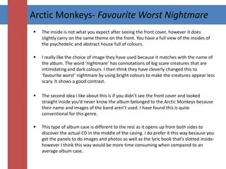 It looks like the text has been written in Courier New and is perfectly left aligned which isn’t a very common font to write in so once again it gives the band a uniqueness about them. I like the way the track listing has been set out so I think I might use the idea for my final DigiPak. 