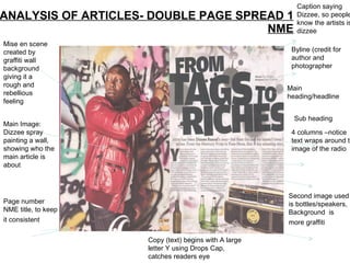 ANALYSIS OF ARTICLES- DOUBLE PAGE SPREAD 1 NME Mise en scene created by graffiti wall background giving it a rough and rebellious feeling Main Image: Dizzee spray painting a wall, showing who the main article is about Page number NME title, to keep it consistent   Byline (credit for author and photographer Sub heading Main heading/headline 4 columns –notice text wraps around the image of the radio Caption saying Dizzee, so people know the artists is dizzee Second image used is bottles/speakers, Background  is more graffiti   Copy (text) begins with A large letter Y using Drops Cap, catches readers eye 